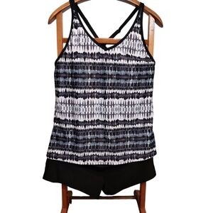 Yonique Black and White Striped Tankini with Black Shorts XL NWT